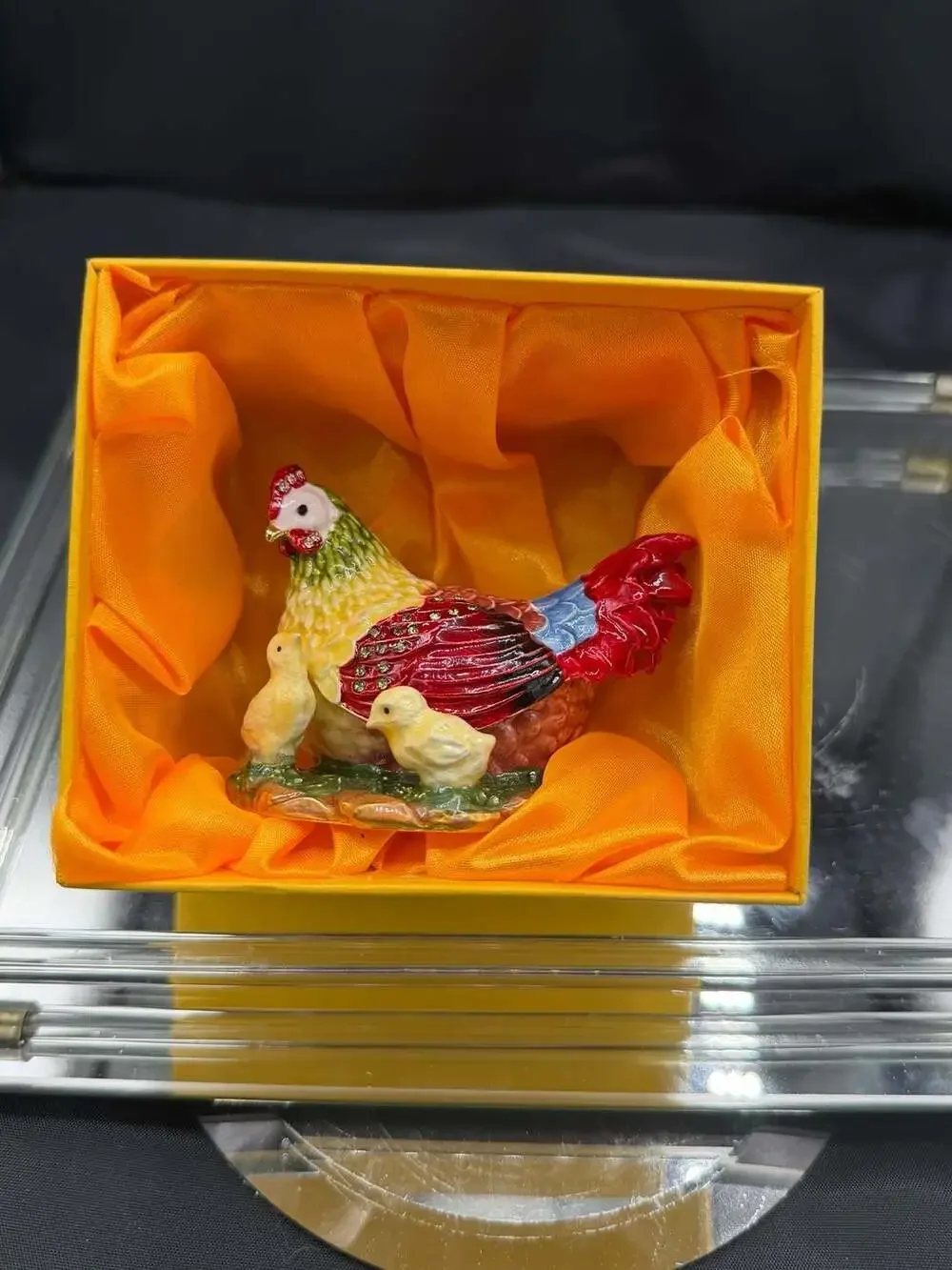 Enamel Hen with Chicks Hinged Trinket Box with Rhinestone Accents